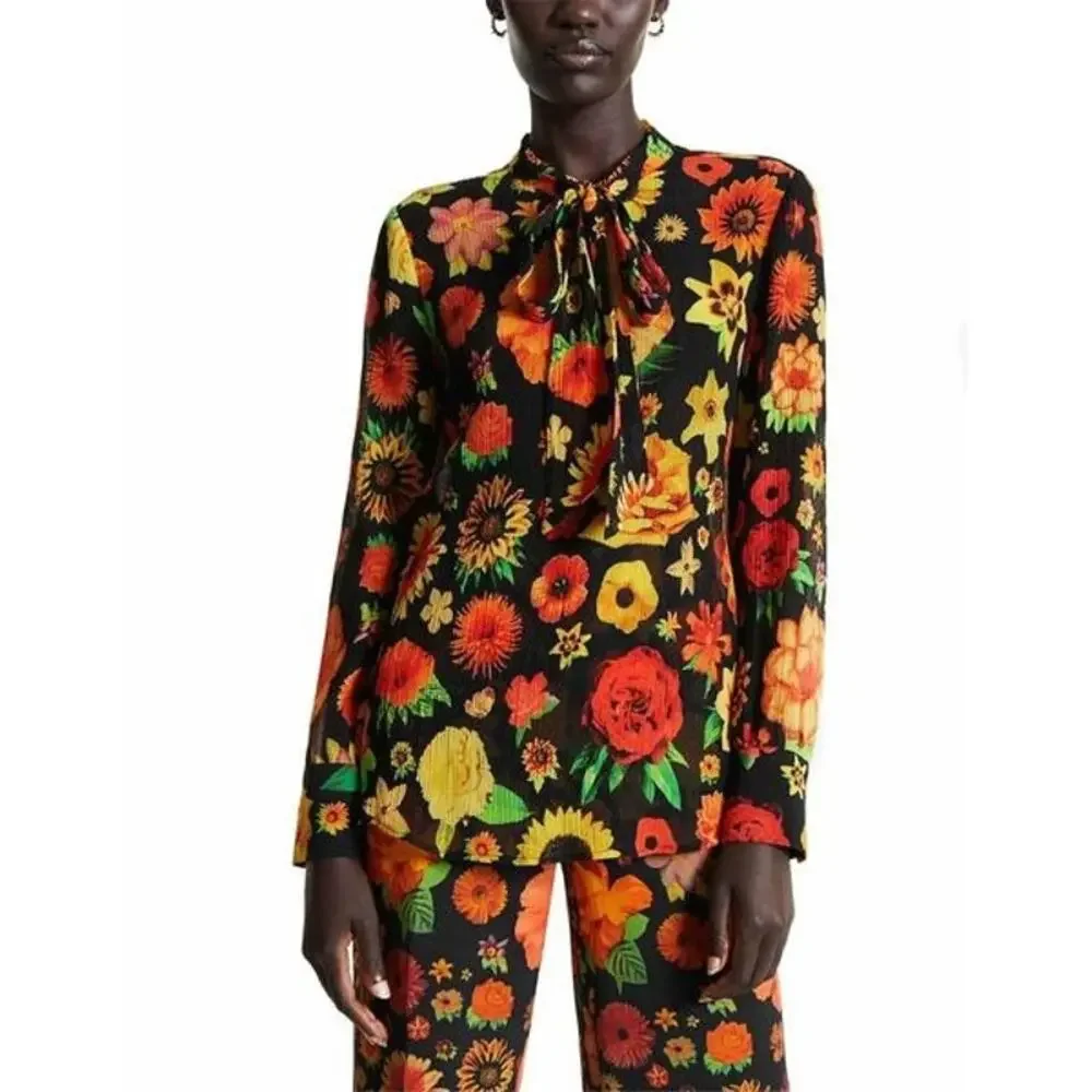 DESIGUAL NWT $145 Flowers Multicolored Cotton Silk Blend Blouse Size US S - Picture 2 of 8